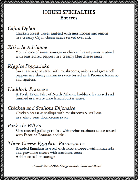 Billy’s Menu | Billy's Restaurant